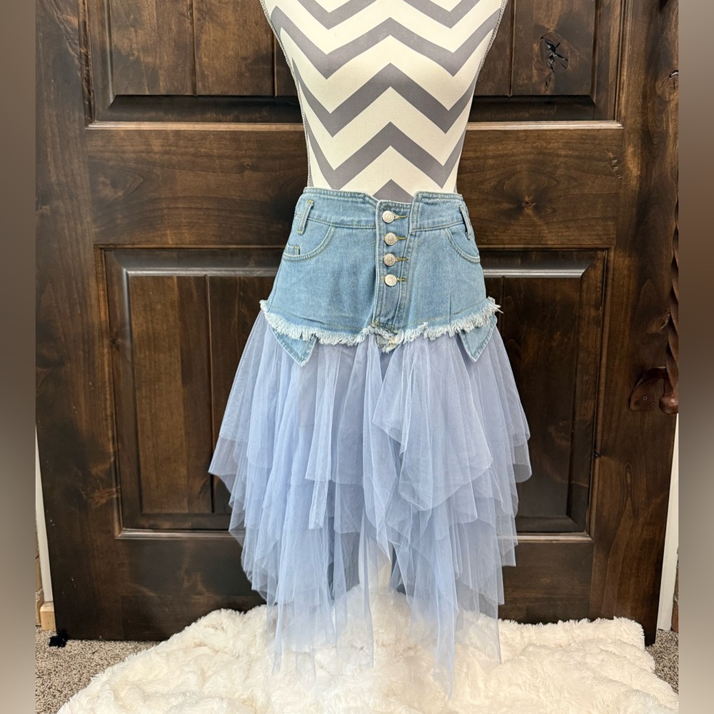 Asymmetrical Denim and Tulle Skirt - Light Blue